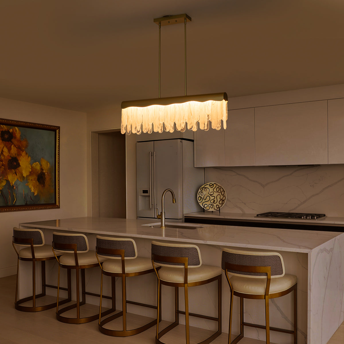 Dimmable LED Linear Chandelier Gold with Wavy Cloud Glass Strips - product image 10 | Zenvolit