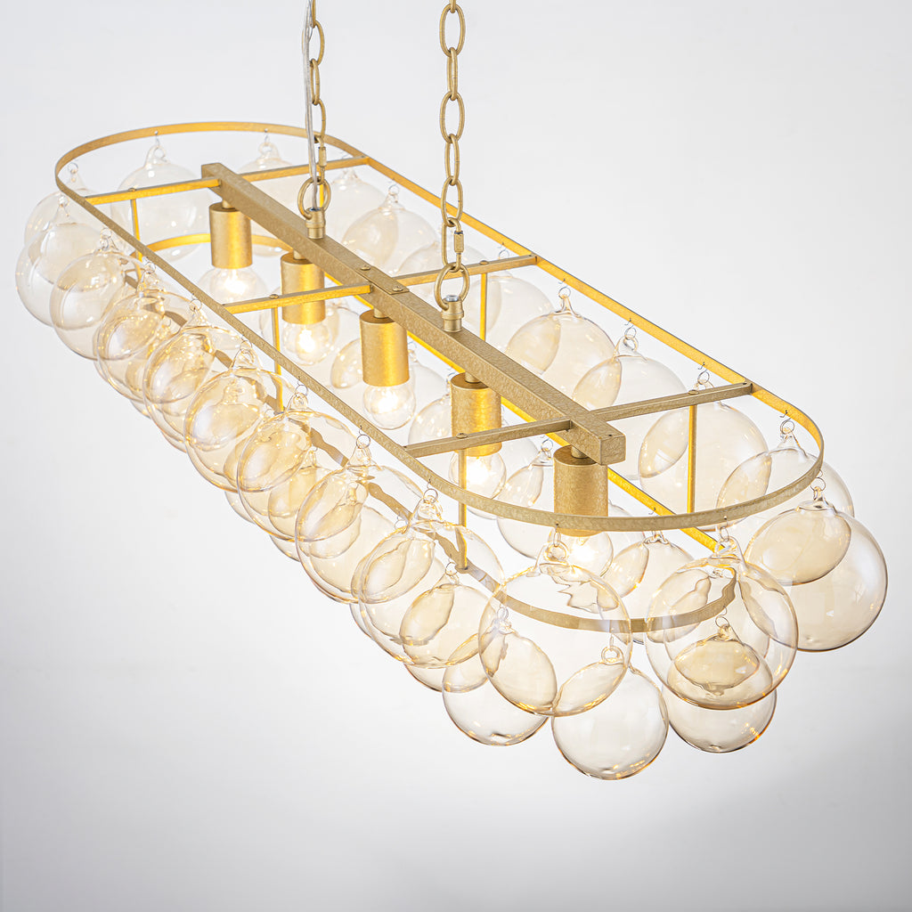 Oval Cognac Glass Chandelier Textured Gold Double Layer Kitchen Island