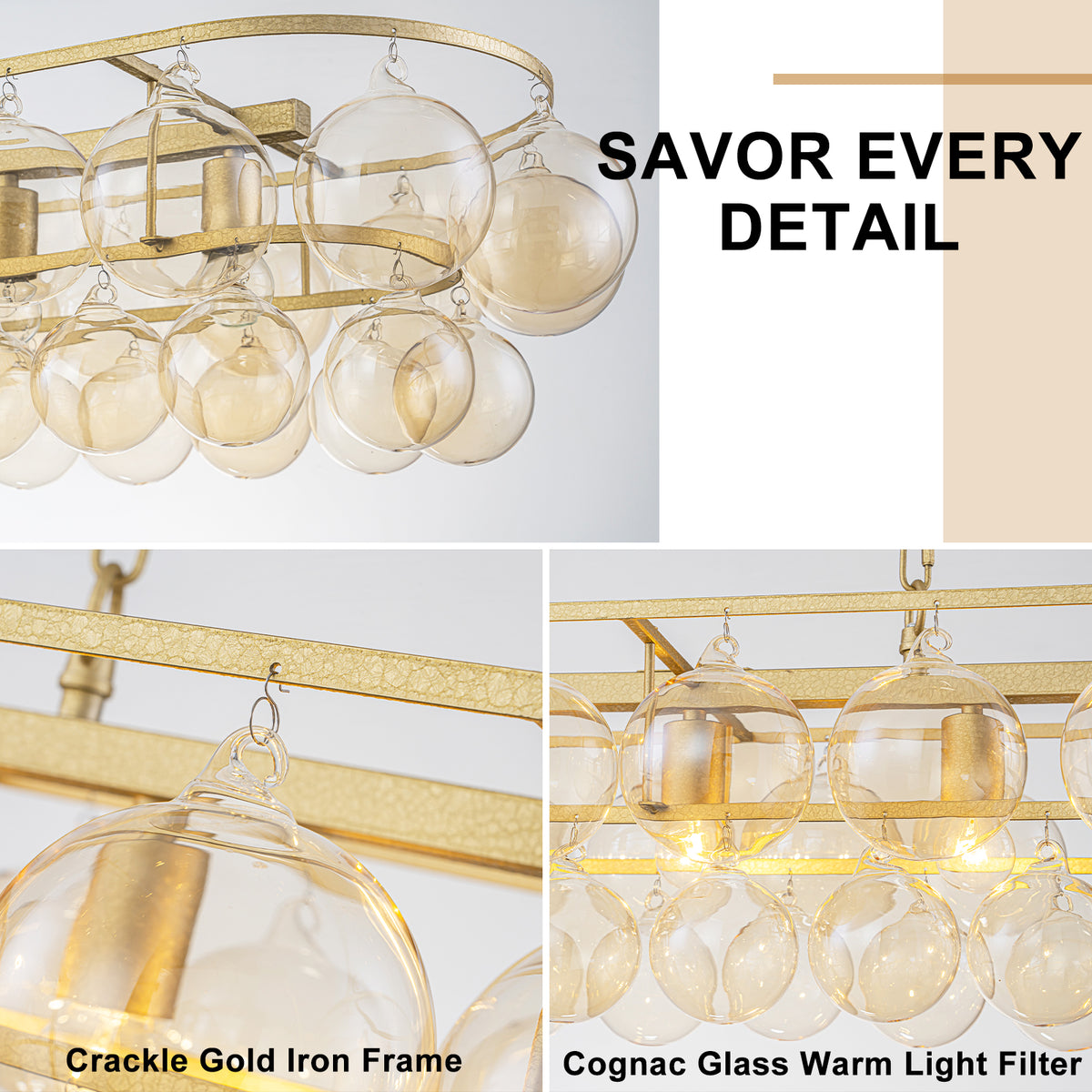 Oval Cognac Glass Chandelier Textured Gold Double Layer Kitchen Island
