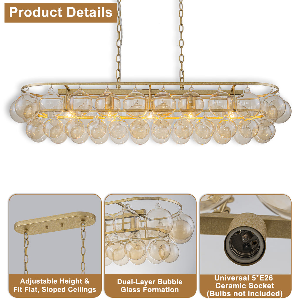 Oval Cognac Glass Chandelier Textured Gold Double Layer Kitchen Island