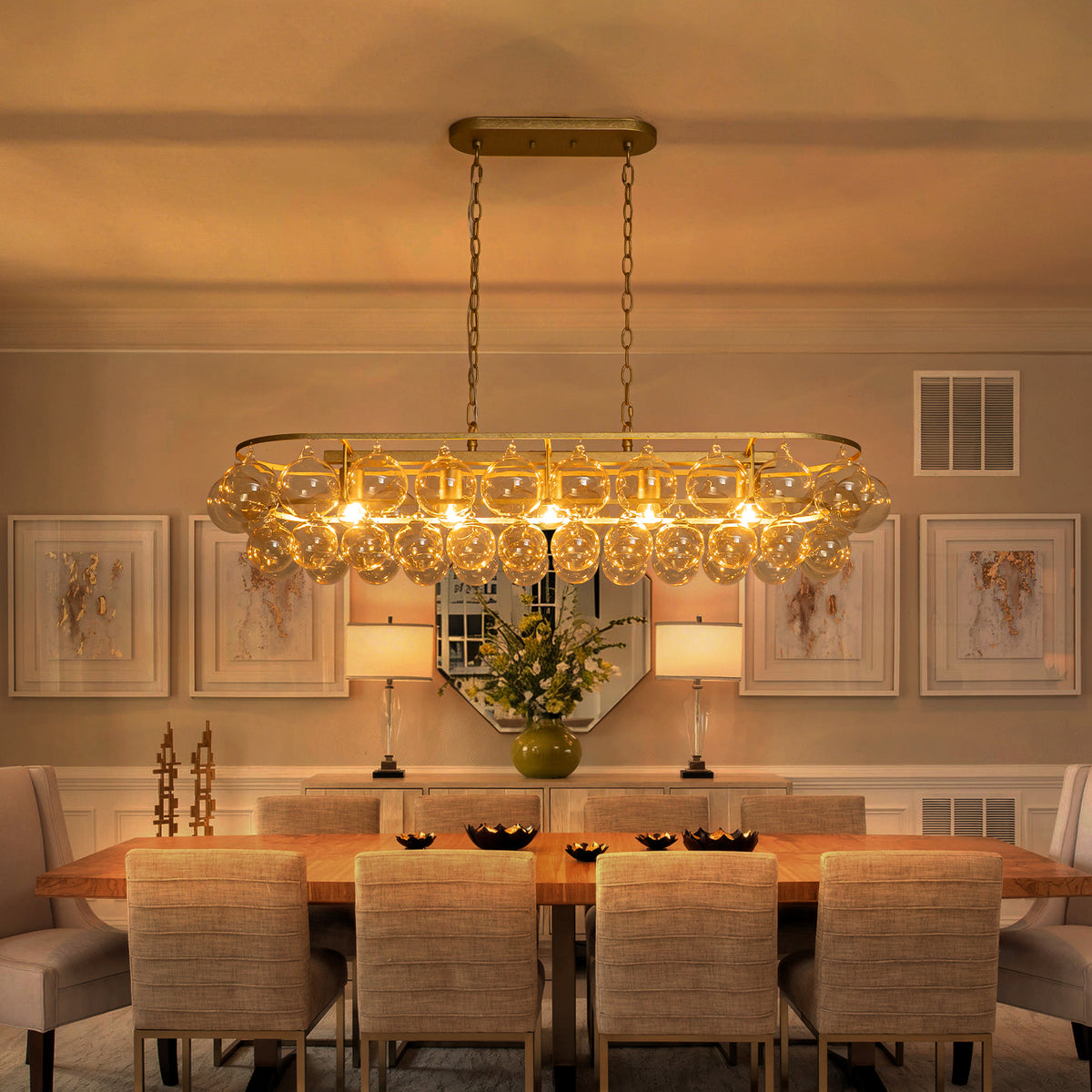 Oval Cognac Glass Chandelier Textured Gold Double Layer Kitchen Island