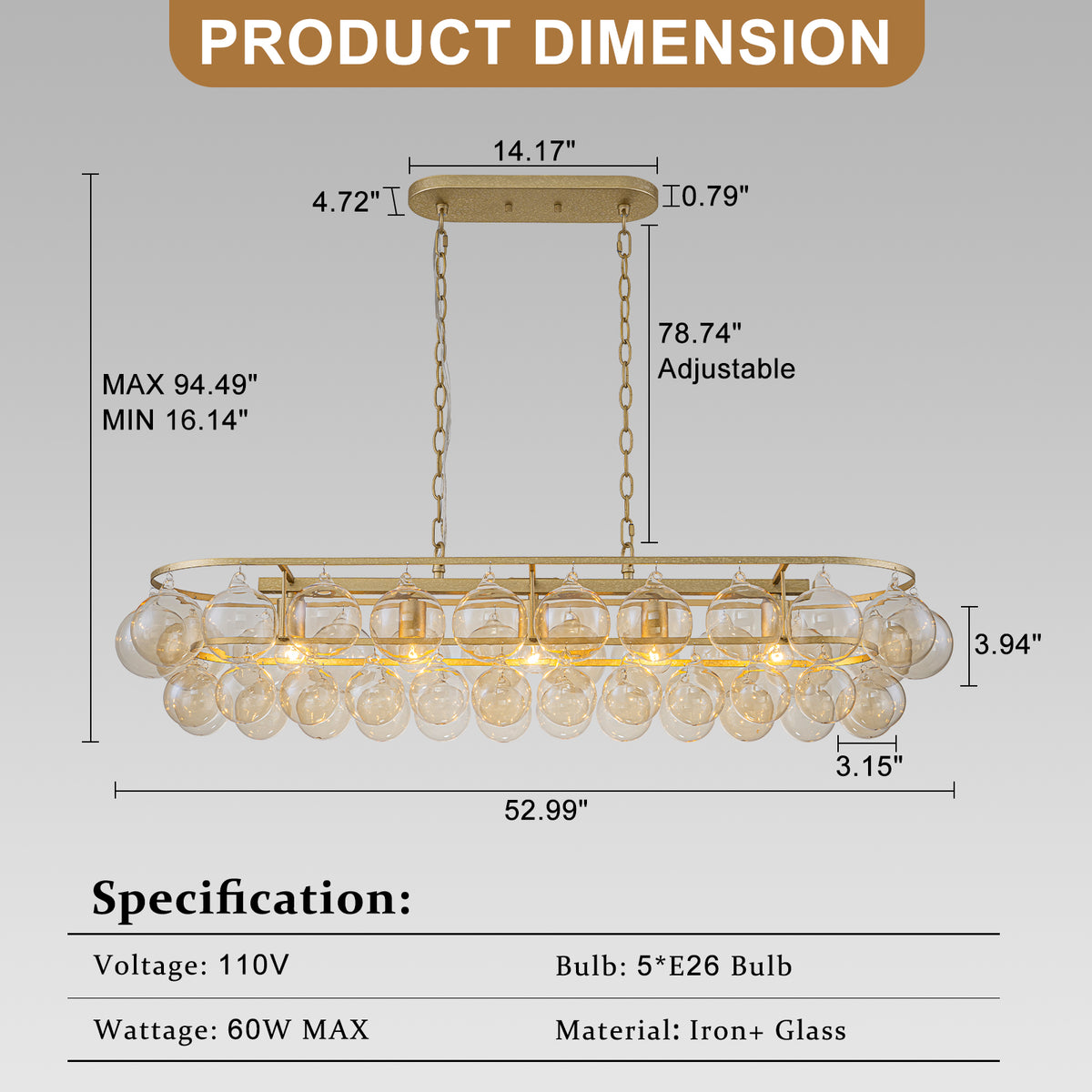 Oval Cognac Glass Chandelier Textured Gold Double Layer Kitchen Island