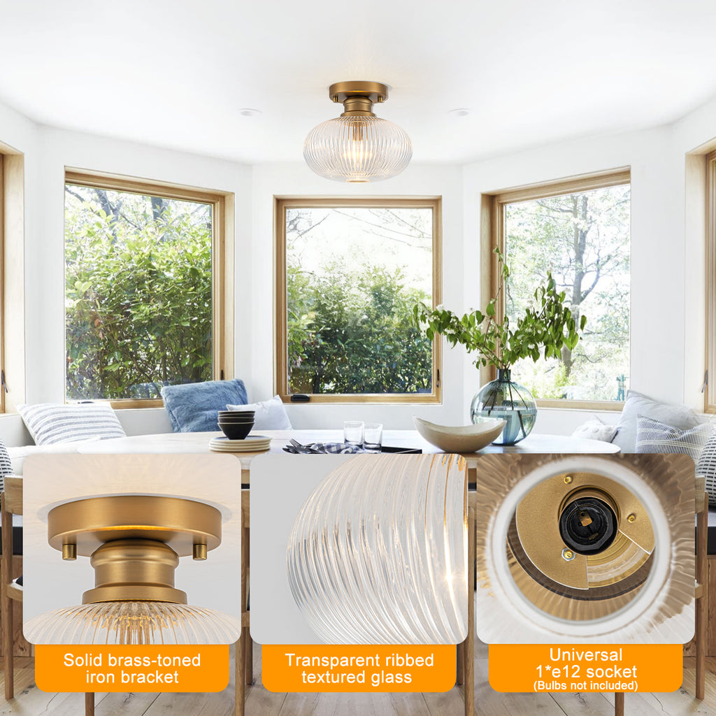 Matte Brass Flush Mount Ceiling Light with Ribbed Glass Dining Room