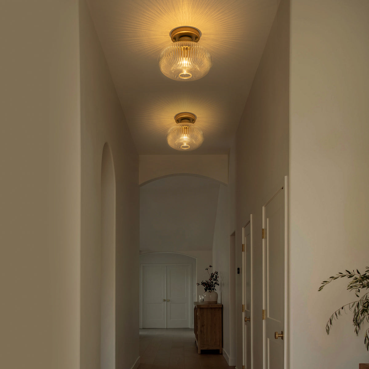 Matte Brass Flush Mount Ceiling Light with Ribbed Glass Dining Room