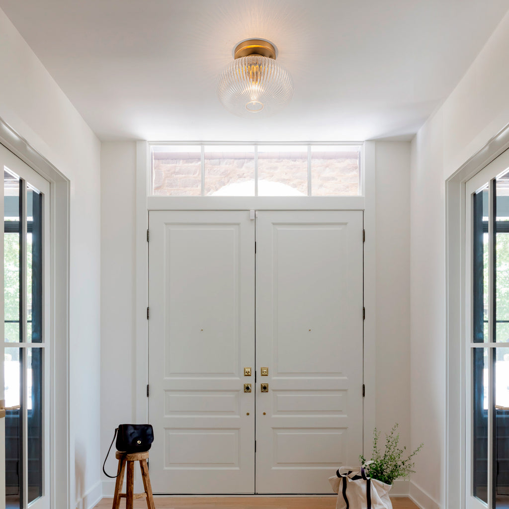Matte Brass Flush Mount Ceiling Light with Ribbed Glass Dining Room