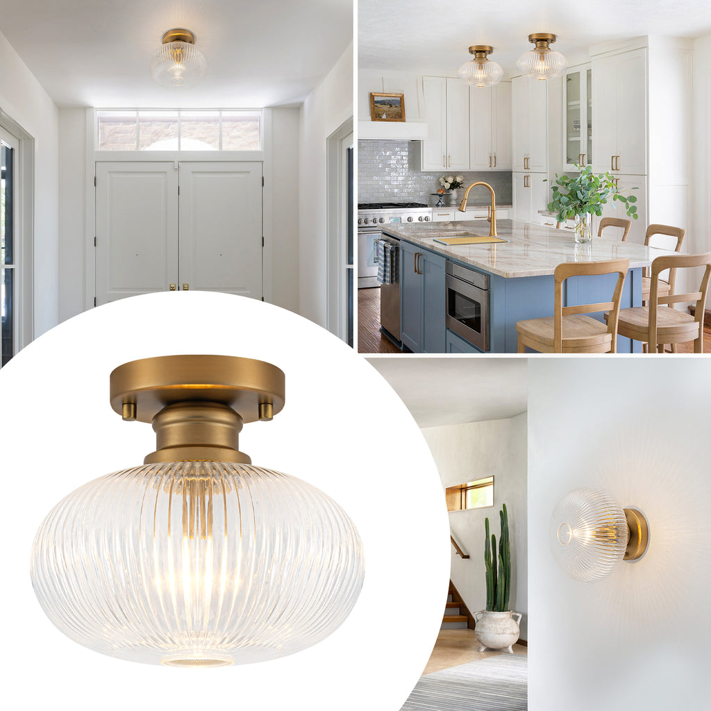 Matte Brass Flush Mount Ceiling Light with Ribbed Glass Dining Room