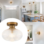 Matte Brass Flush Mount Ceiling Light with Ribbed Glass Dining Room