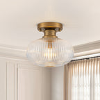 Matte Brass Flush Mount Ceiling Light with Ribbed Glass Dining Room