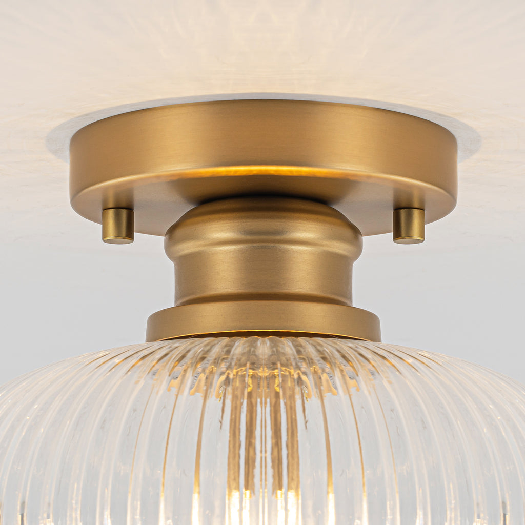Matte Brass Flush Mount Ceiling Light with Ribbed Glass Dining Room