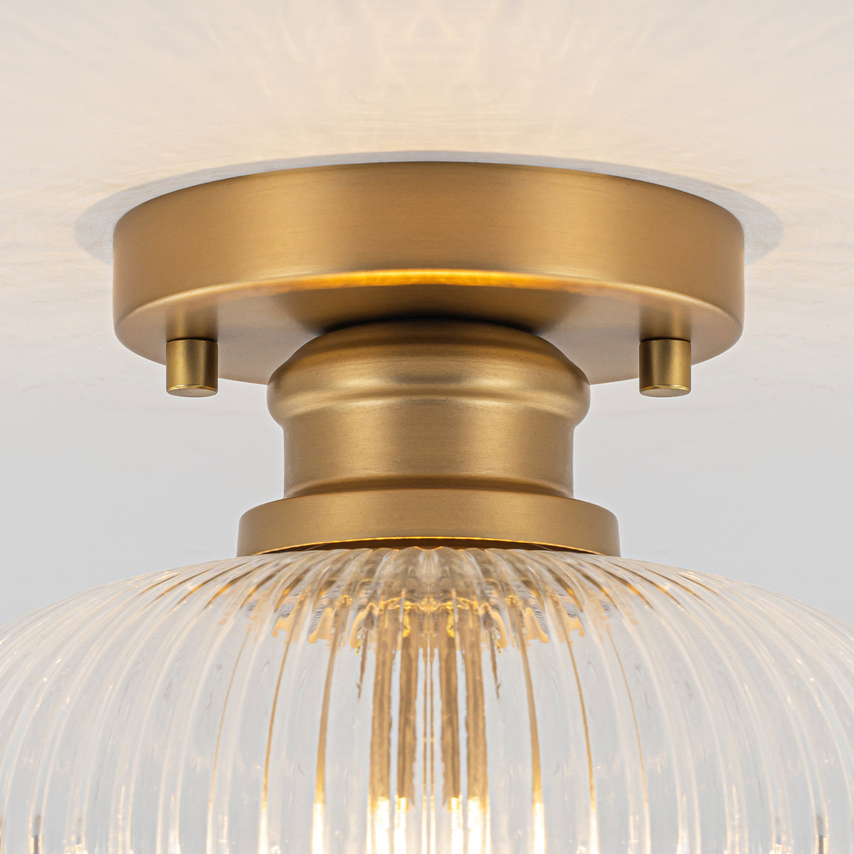 Matte Brass Flush Mount Ceiling Light with Ribbed Glass Dining Room