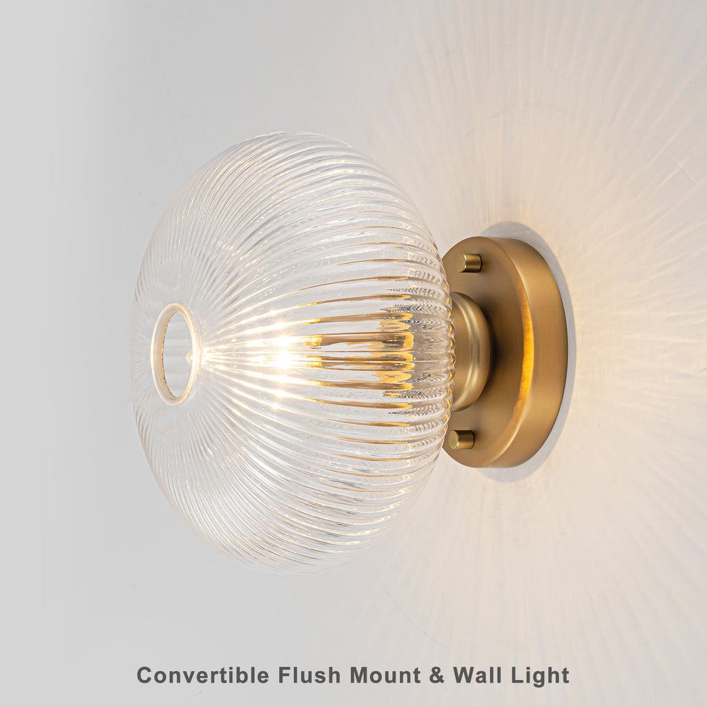 Matte Brass Flush Mount Ceiling Light with Ribbed Glass Dining Room