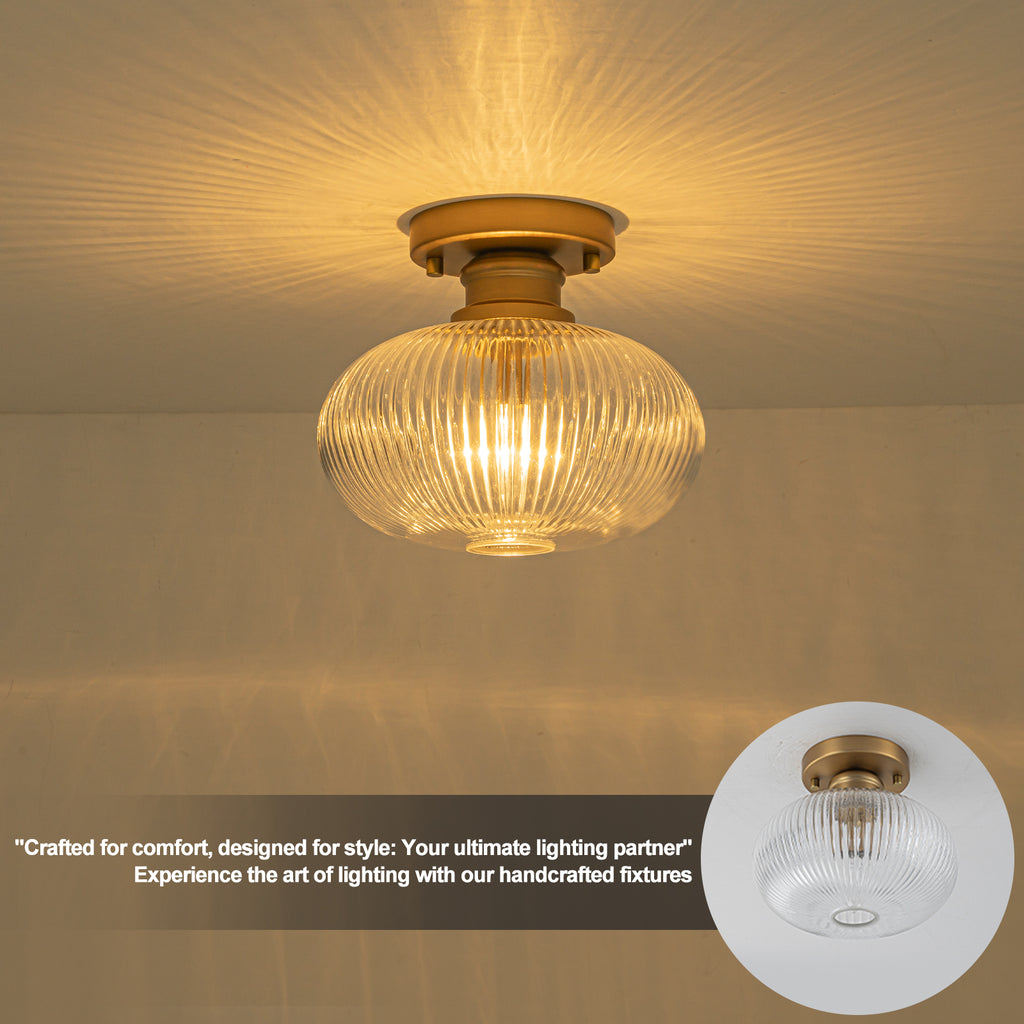 Matte Brass Flush Mount Ceiling Light with Ribbed Glass Dining Room