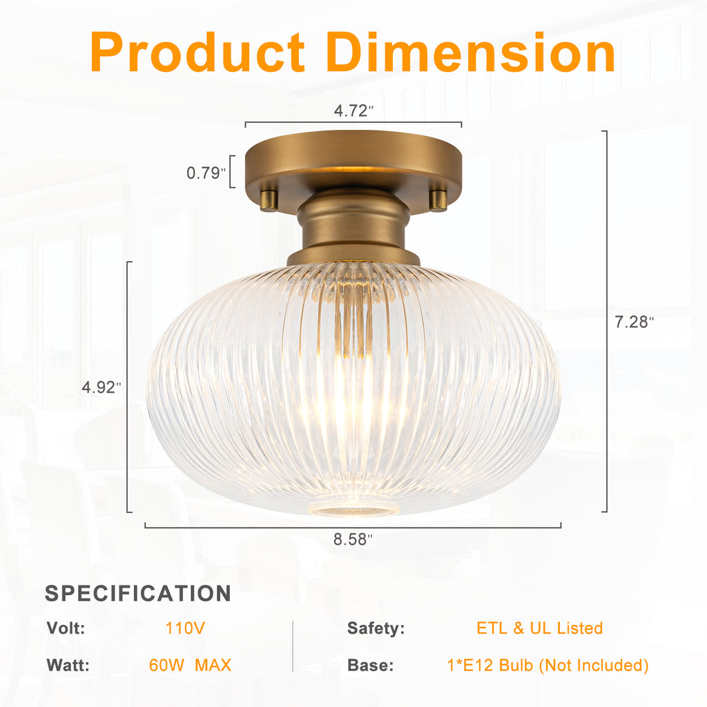 Matte Brass Flush Mount Ceiling Light with Ribbed Glass Dining Room