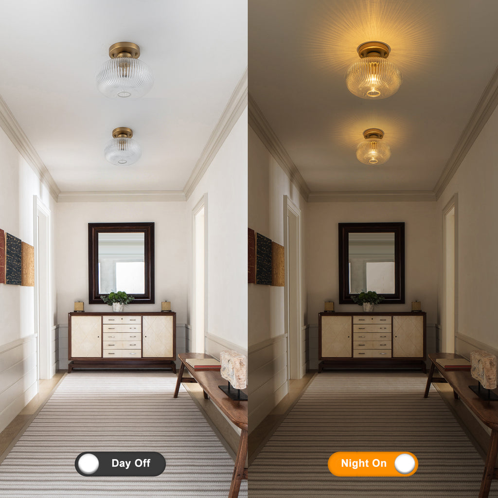 Matte Brass Flush Mount Ceiling Light with Ribbed Glass Dining Room