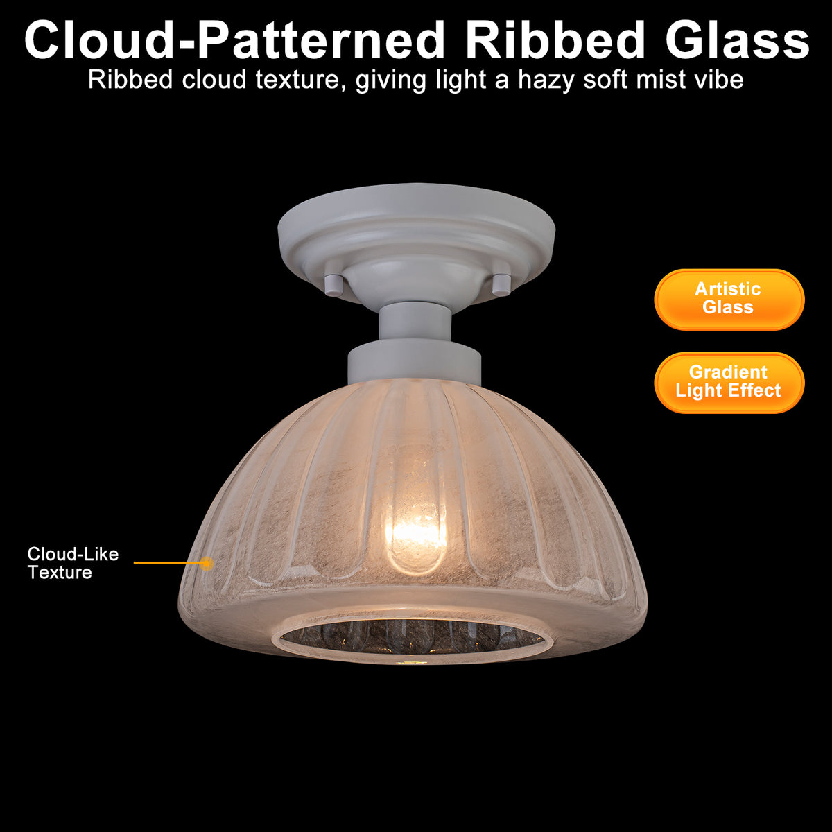 White Flush Mount Ceiling Light with Ribbed Cloud Glass Dome Shade - product image 5 | Zenvolit