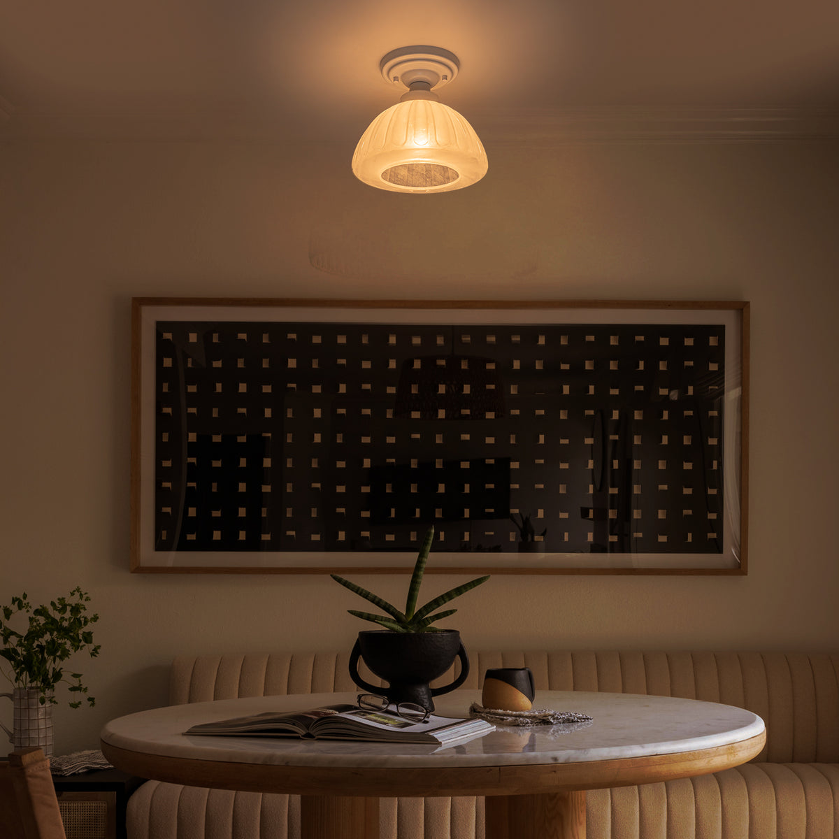 White Flush Mount Ceiling Light with Ribbed Cloud Glass Dome Shade - product image 6 | Zenvolit
