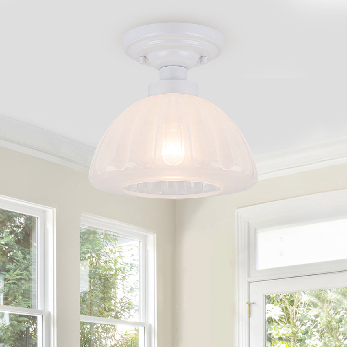White Flush Mount Ceiling Light with Ribbed Cloud Glass Dome Shade - product image 13 | Zenvolit