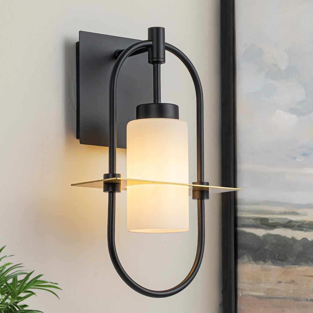 1-Light Black Modern Wall Sconce with White Frosted Glass Shade - product image 1 | Zenvolit