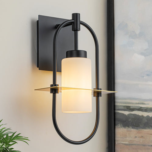 1-Light Black Modern Wall Sconce with White Frosted Glass Shade - product image 1 | Zenvolit