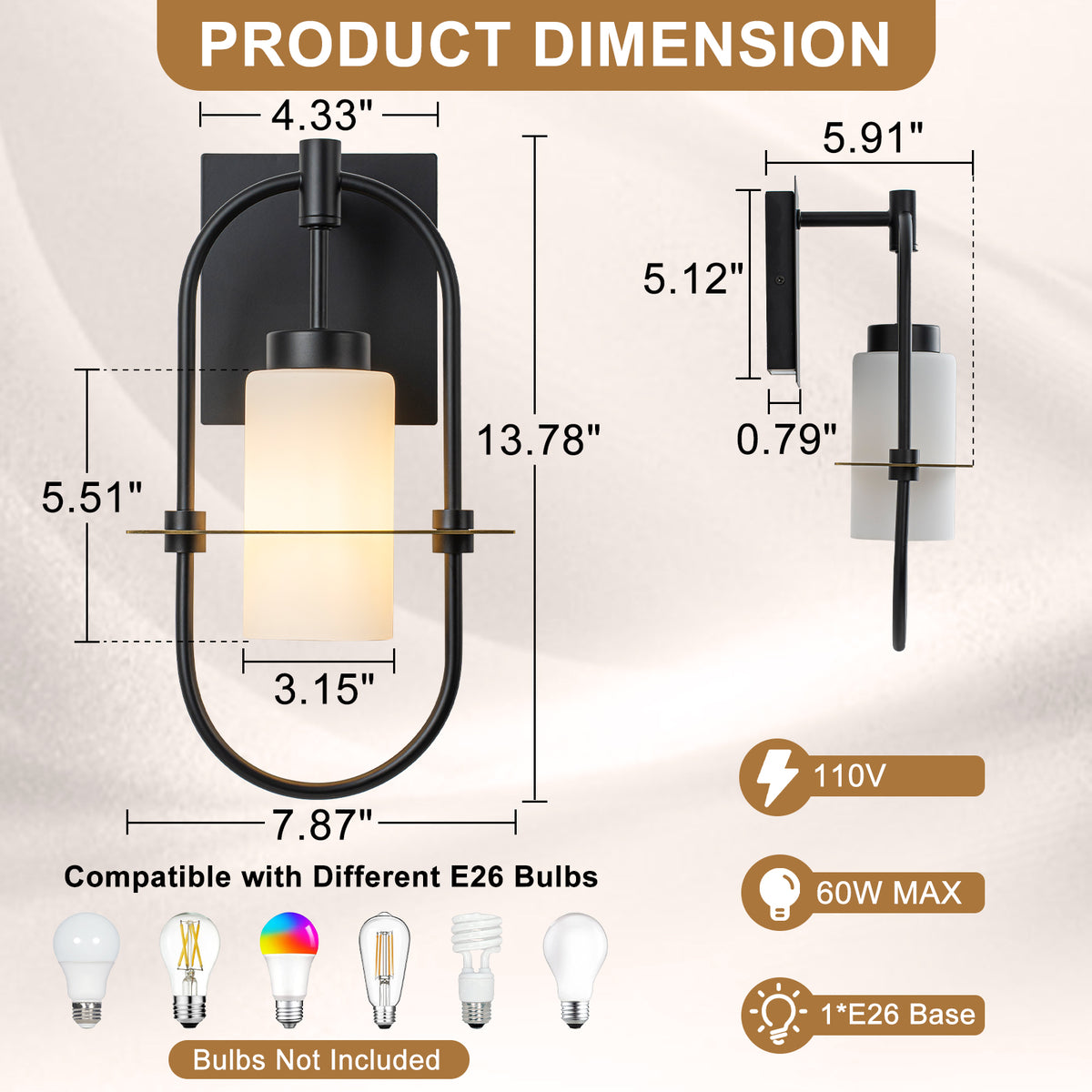1-Light Black Modern Wall Sconce with White Frosted Glass Shade - product image 6 | Zenvolit