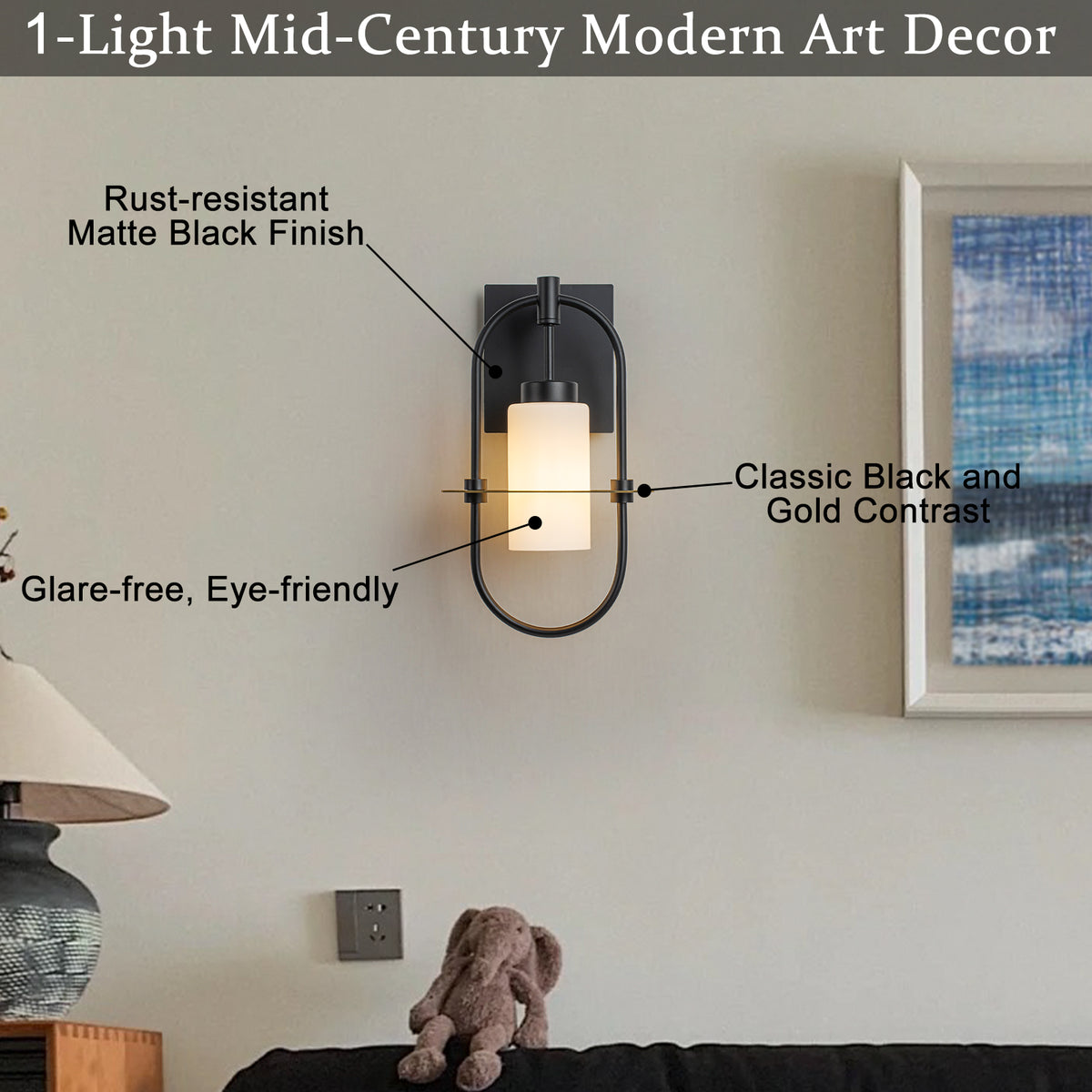 1-Light Black Modern Wall Sconce with White Frosted Glass Shade - product image 12 | Zenvolit