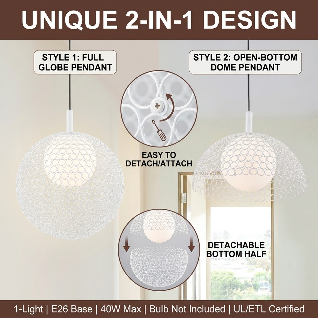 Matte White Globe Cage Pendant Light Opal Glass Shade Modern Fixture - product image 1 | Zenvolit