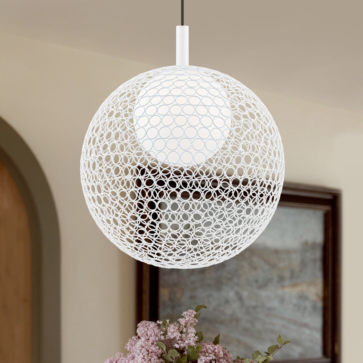 Matte White Globe Cage Pendant Light Opal Glass Shade Modern Fixture - product image 4 | Zenvolit