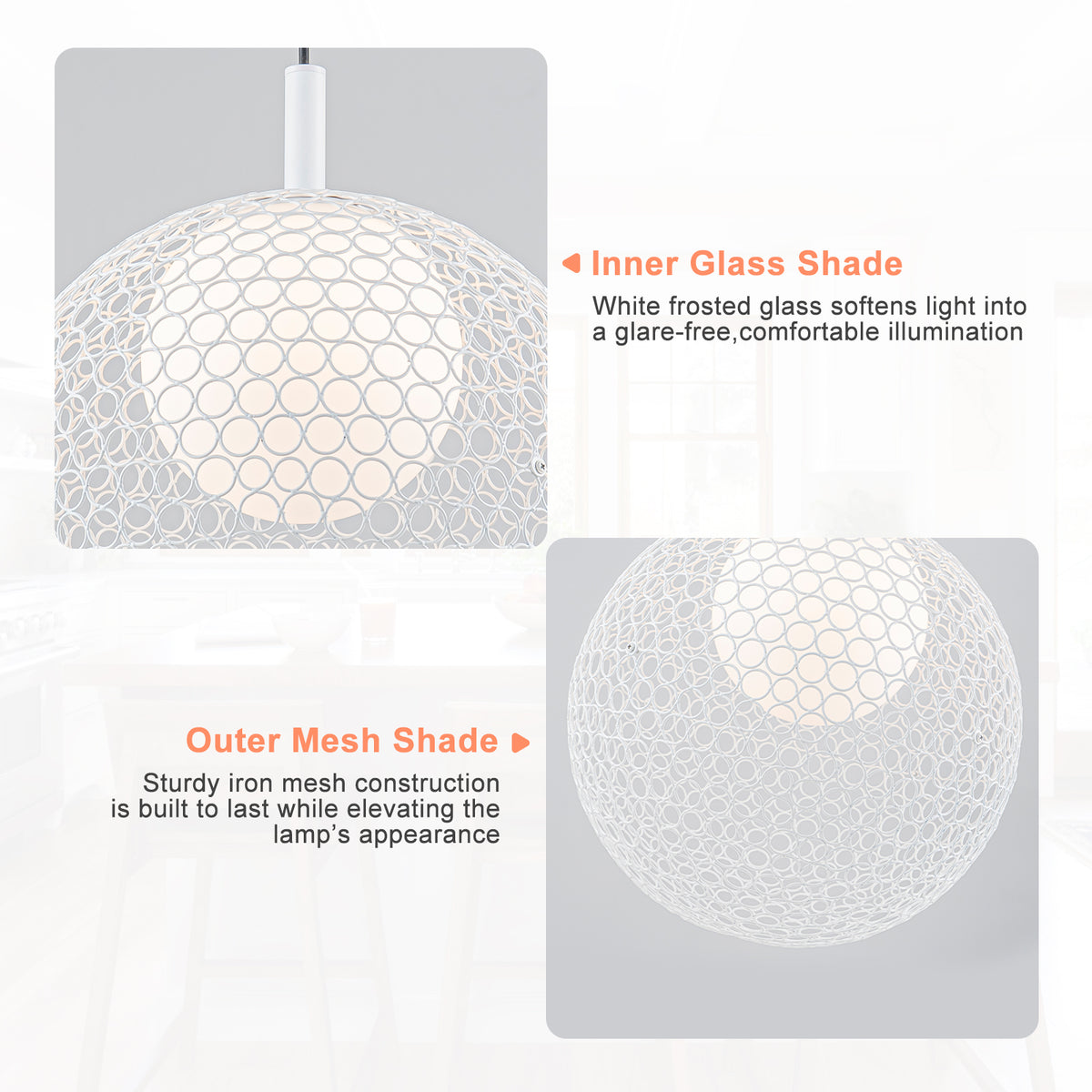 Matte White Globe Cage Pendant Light Opal Glass Shade Modern Fixture - product image 5 | Zenvolit
