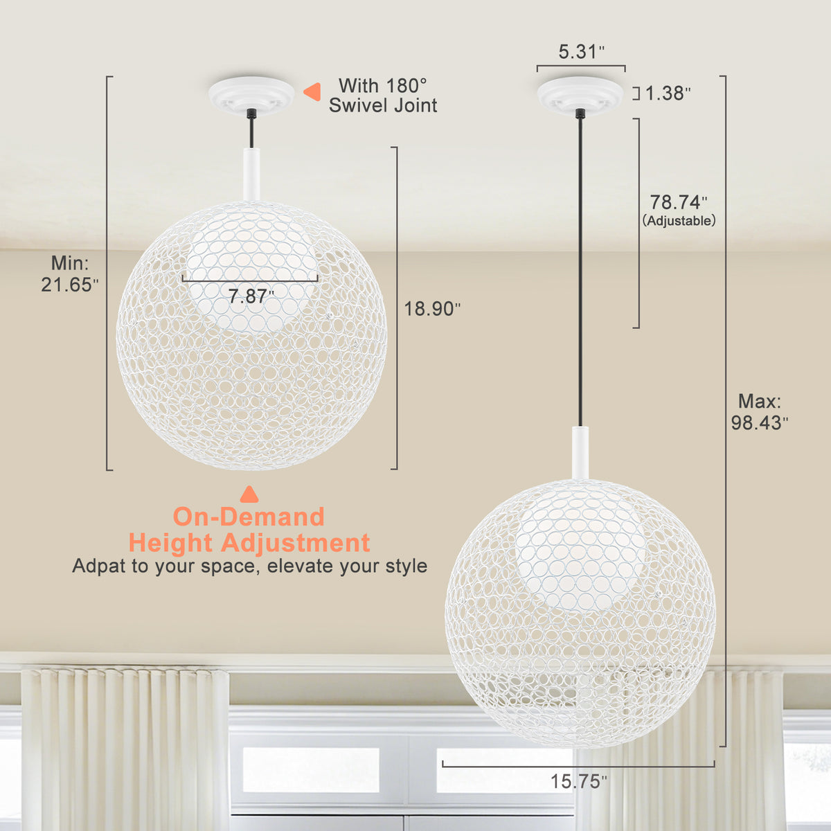 Matte White Globe Cage Pendant Light Opal Glass Shade Modern Fixture - product image 10 | Zenvolit
