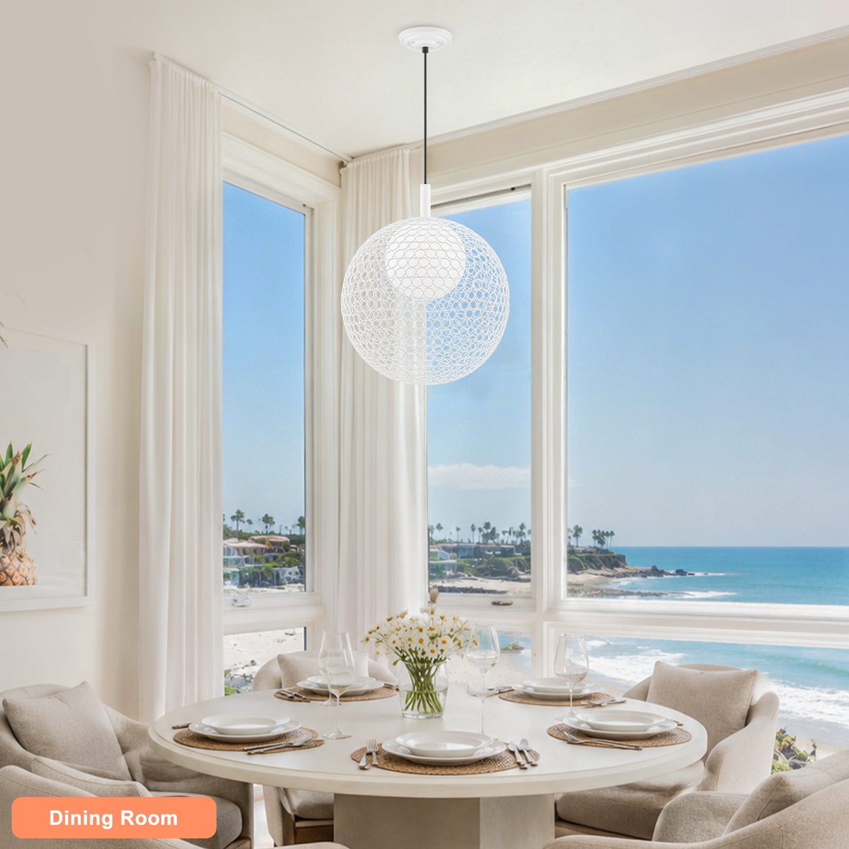 Matte White Globe Cage Pendant Light Opal Glass Shade Modern Fixture - product image 13 | Zenvolit