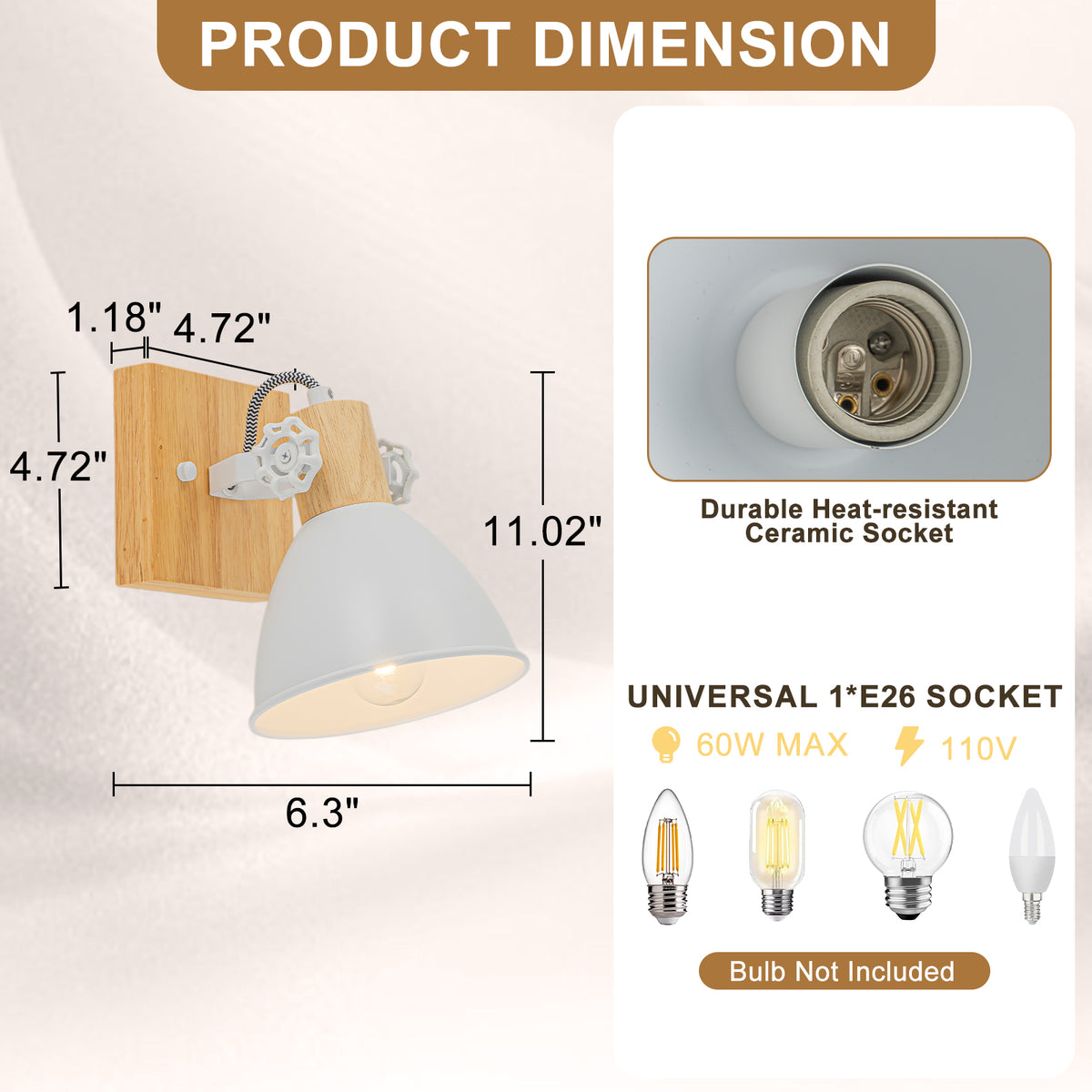 Natural Wood Track Light White Metal Cone Shade Wall Sconces Kitchen - product image 6 | Zenvolit