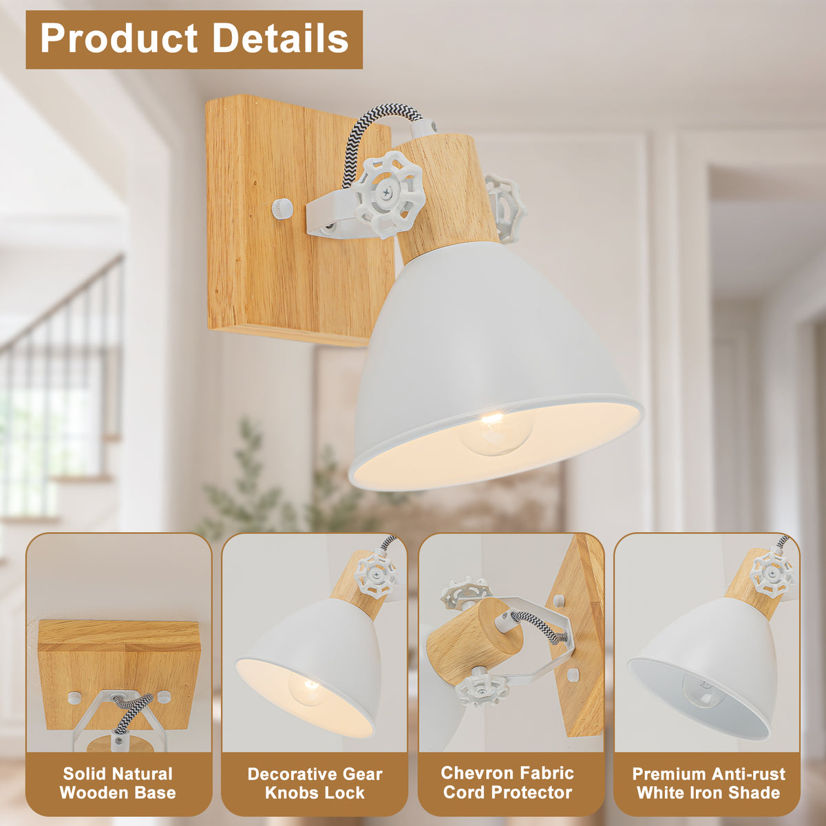 Natural Wood Track Light White Metal Cone Shade Wall Sconces Kitchen - product image 14 | Zenvolit