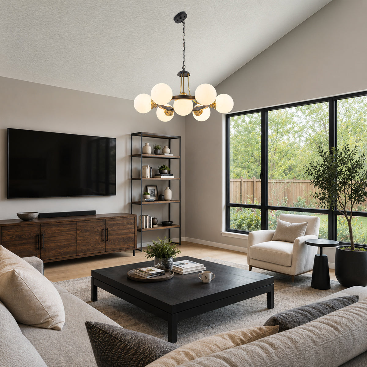 7-Light Modern Black Chandelier Opal Glass Globe Shades Pendant Light - product image 5 | Zenvolit