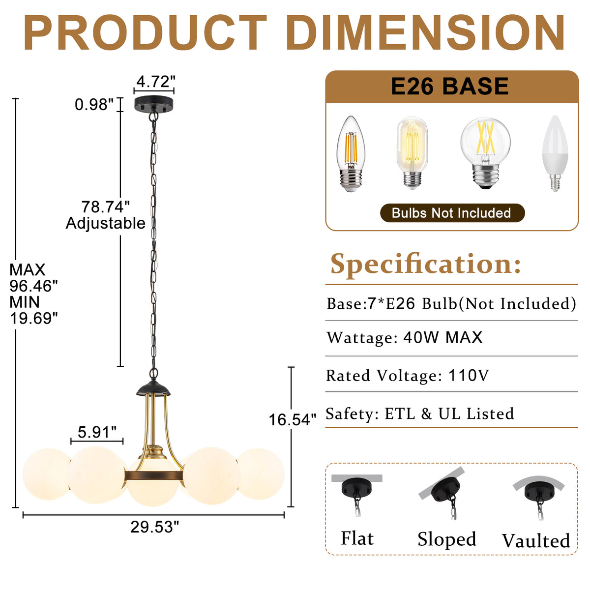 7-Light Modern Black Chandelier Opal Glass Globe Shades Pendant Light - product image 6 | Zenvolit