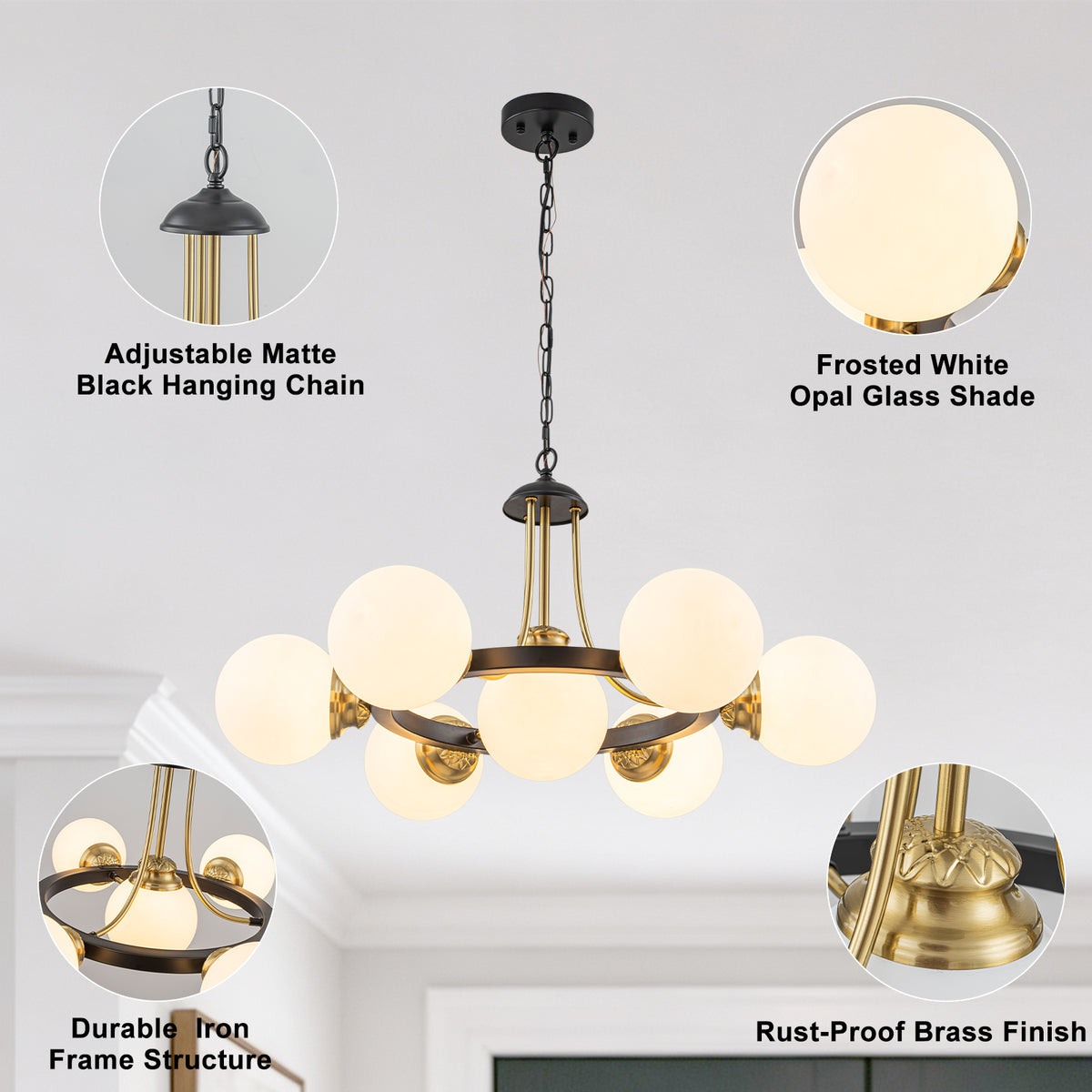 7-Light Modern Black Chandelier Opal Glass Globe Shades Pendant Light - product image 14 | Zenvolit