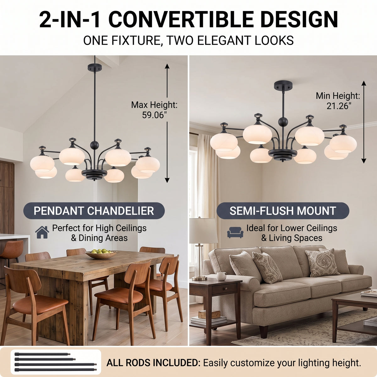 8-Light Modern Globe Chandelier Milk White Glass Shade Branch Fixture - product image 2 | Zenvolit