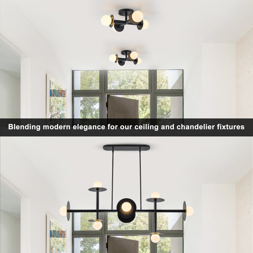 8-Light Matte Black Linear Chandelier with Opal Glass Globe Shades - product image 1 | Zenvolit