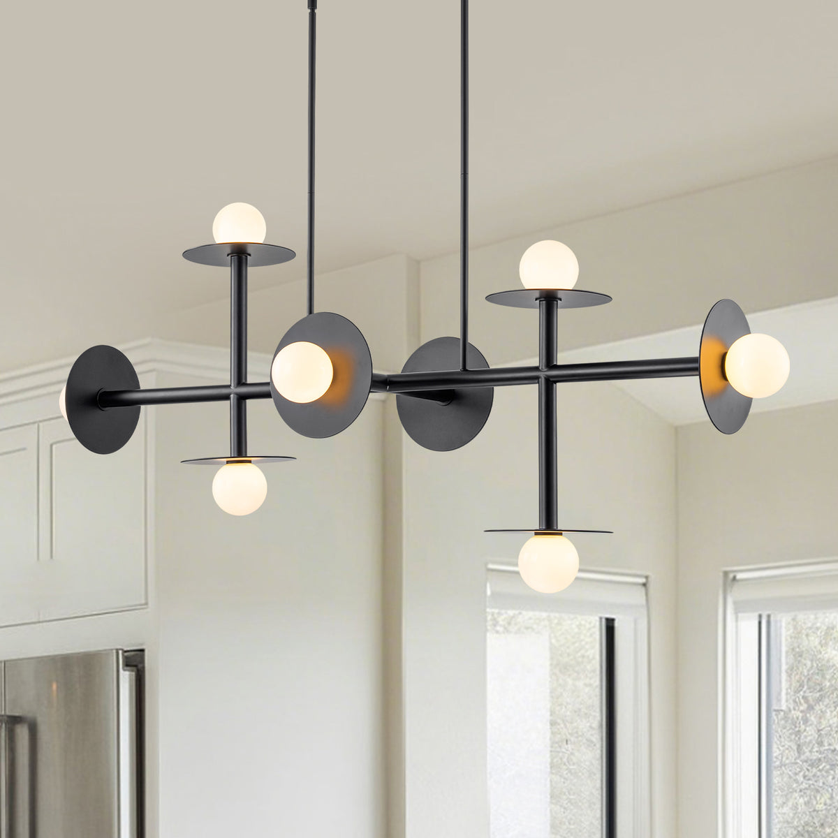 8-Light Matte Black Linear Chandelier with Opal Glass Globe Shades - product image 3 | Zenvolit