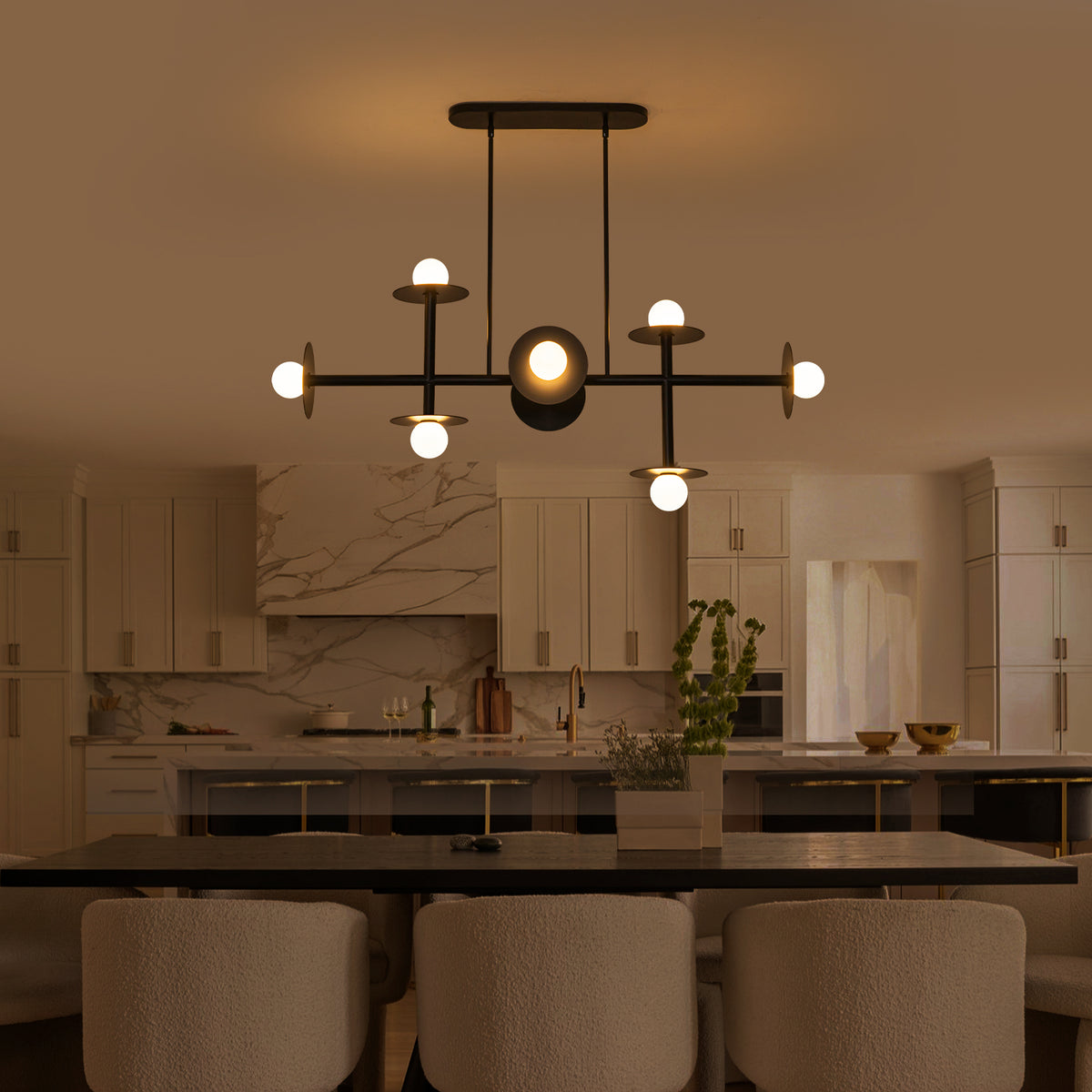 8-Light Matte Black Linear Chandelier with Opal Glass Globe Shades - product image 11 | Zenvolit