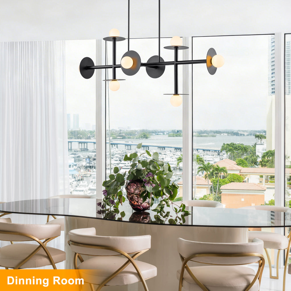 8-Light Matte Black Linear Chandelier with Opal Glass Globe Shades - product image 12 | Zenvolit