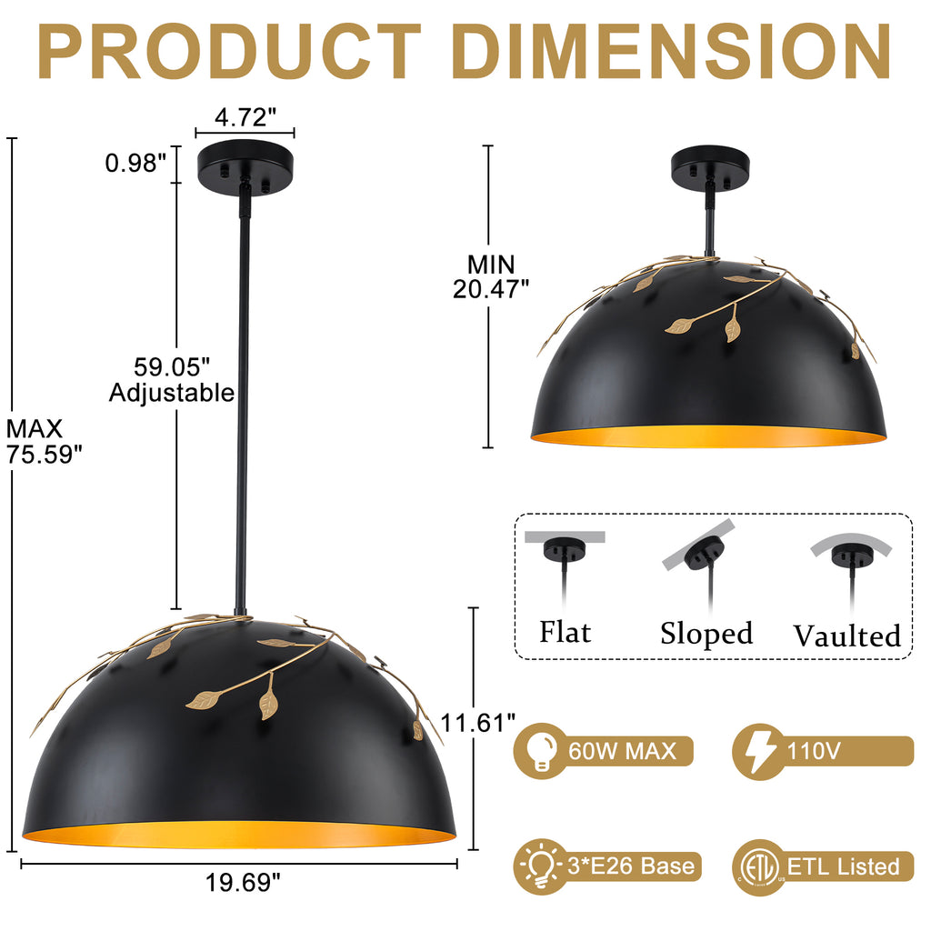 8-Light Matte Black Dome Pendant Light with Gold Interior for Kitchen - product image 7 | Zenvolit