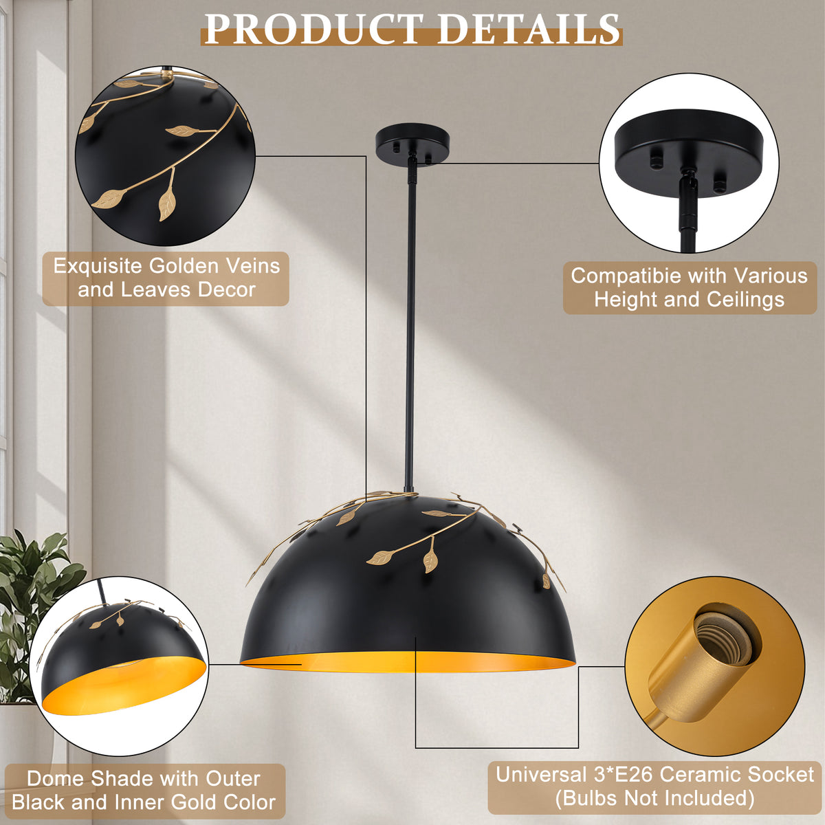 8-Light Matte Black Dome Pendant Light with Gold Interior for Kitchen - product image 13 | Zenvolit
