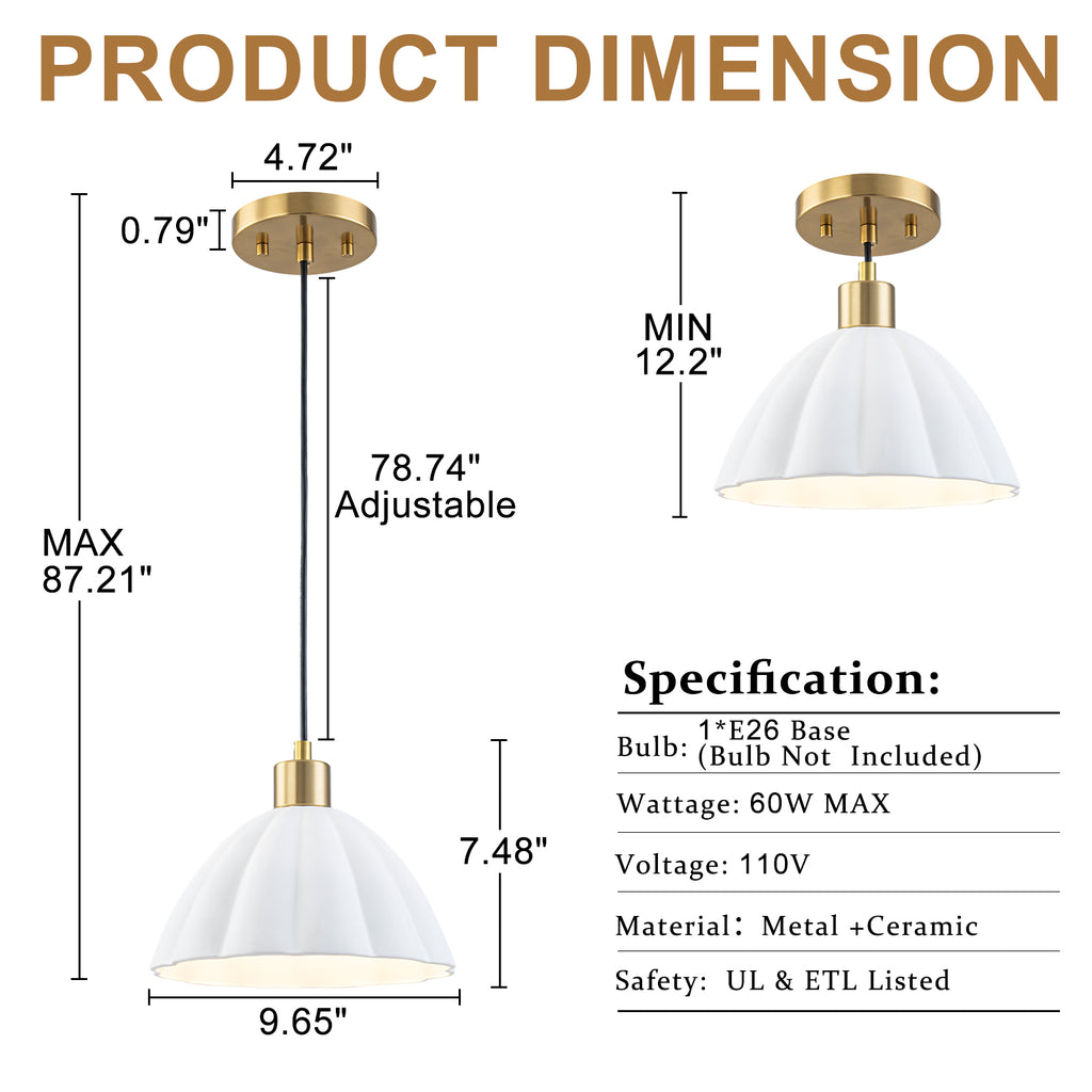 1-Light Pendant Light with Fluted White Ceramic Dome & Brass Accents - product image 7 | Zenvolit