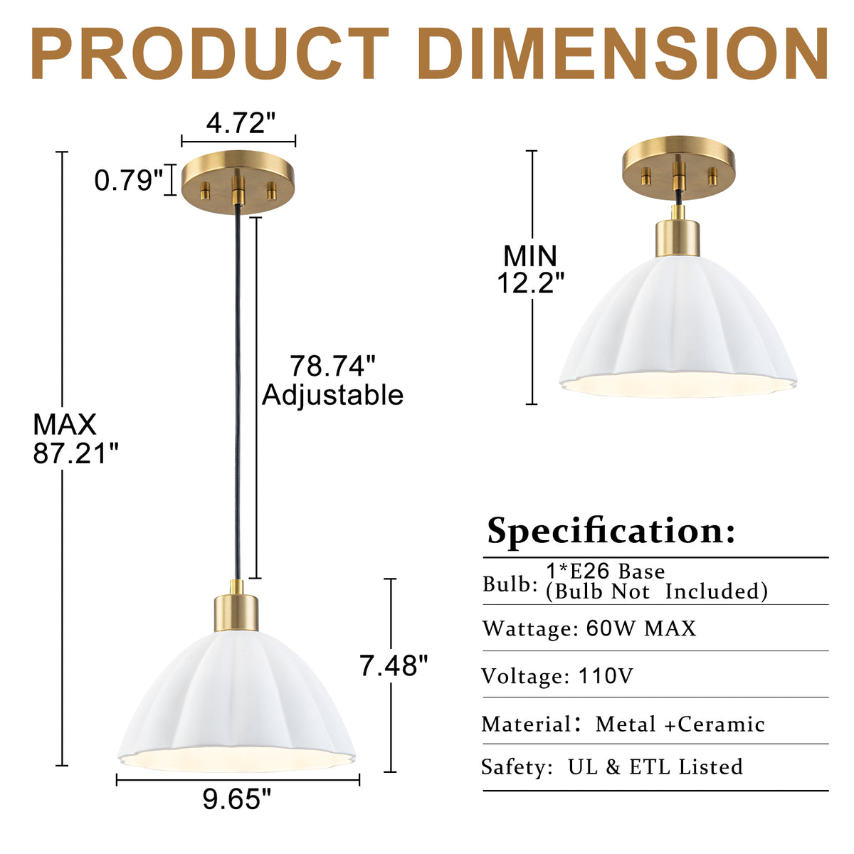 1-Light Pendant Light with Fluted White Ceramic Dome & Brass Accents - product image 7 | Zenvolit