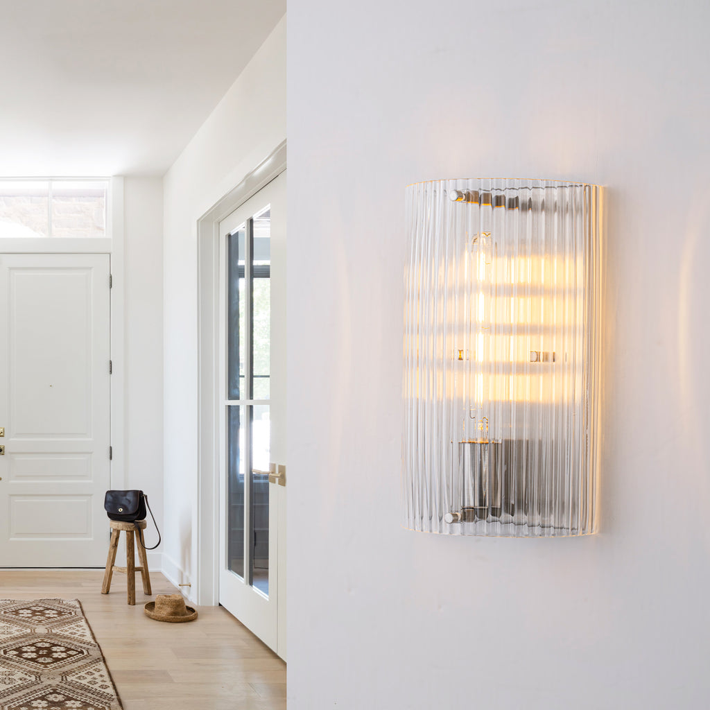 Brushed Nickel Wall Sconce Half-Cylinder Fluted Clear Glass Shade - product image 1 | Zenvolit