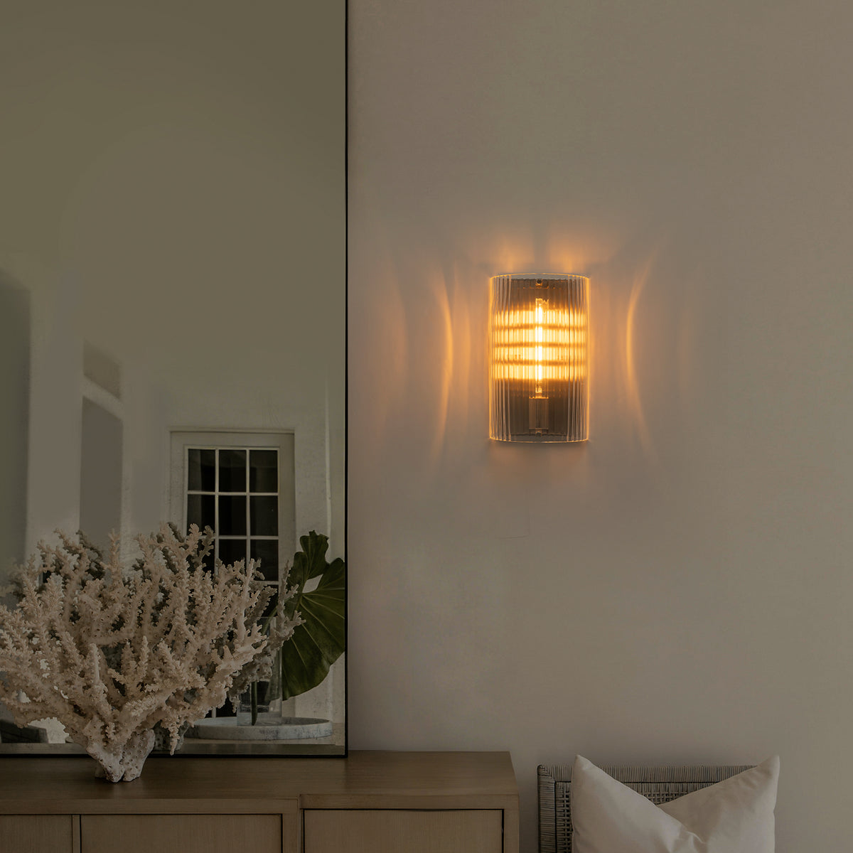 Brushed Nickel Wall Sconce Half-Cylinder Fluted Clear Glass Shade - product image 6 | Zenvolit