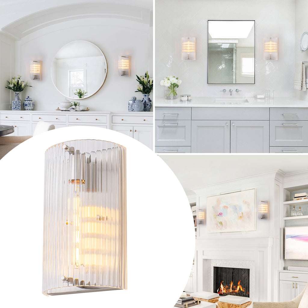 Brushed Nickel Wall Sconce Half-Cylinder Fluted Clear Glass Shade - product image 10 | Zenvolit