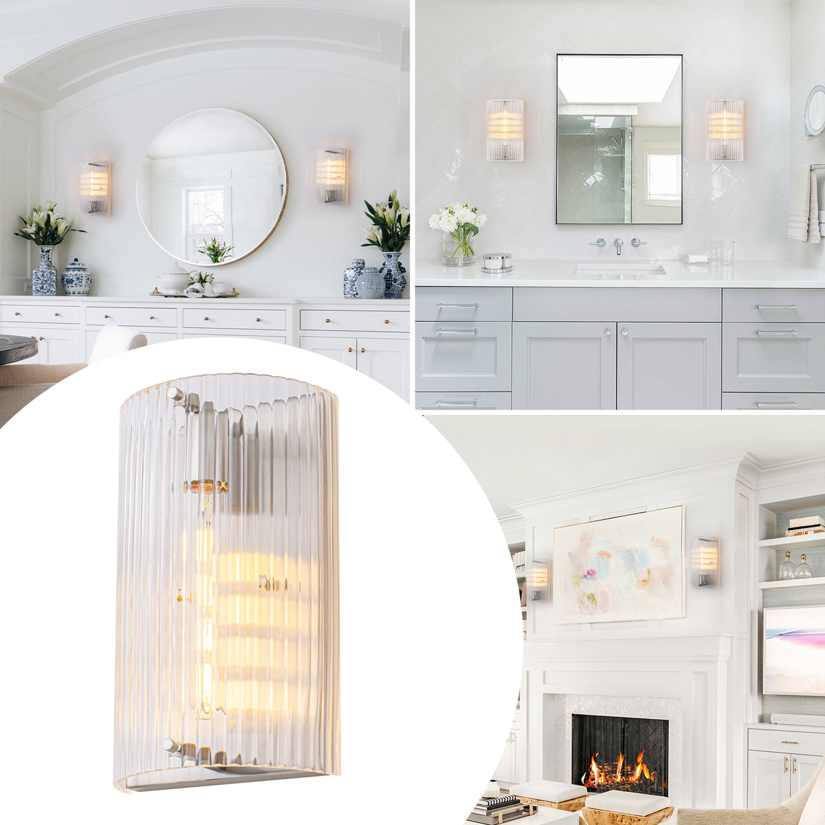 Brushed Nickel Wall Sconce Half-Cylinder Fluted Clear Glass Shade - product image 10 | Zenvolit