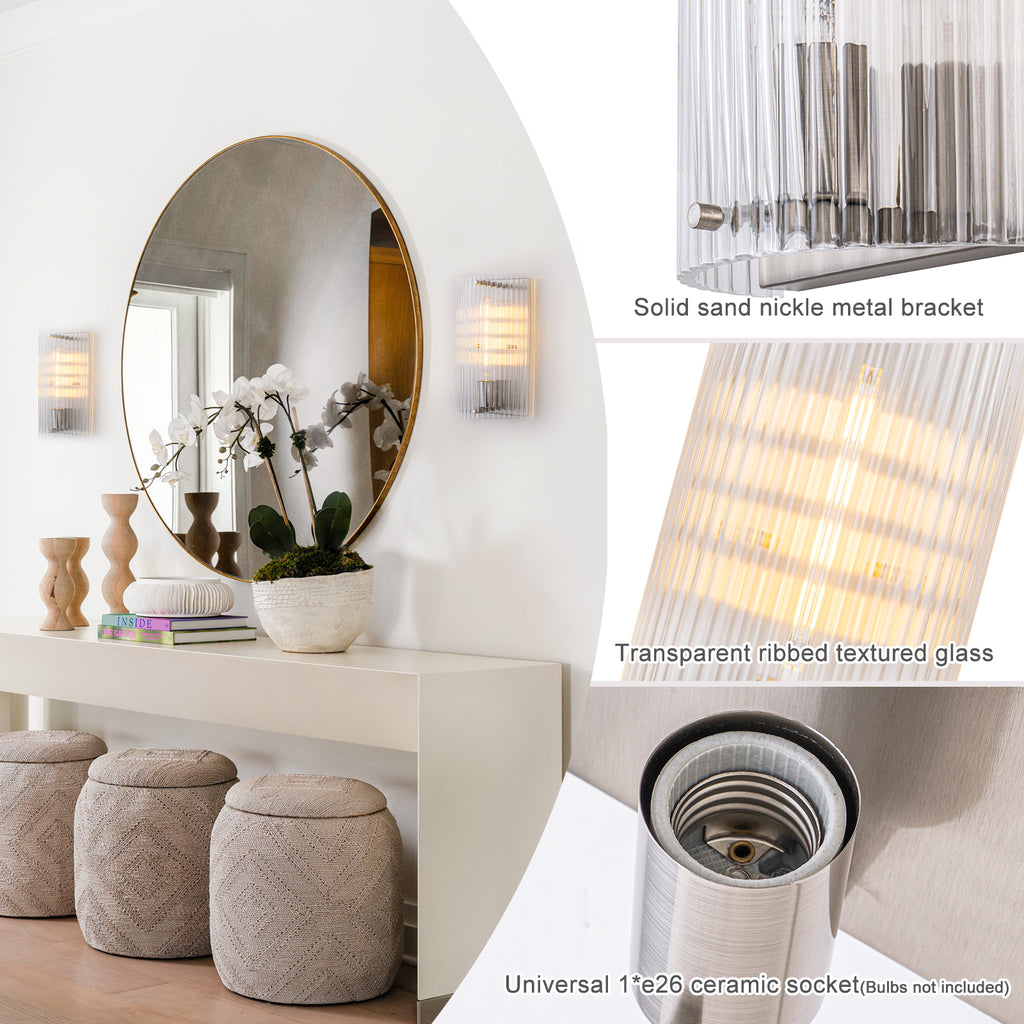 Brushed Nickel Wall Sconce Half-Cylinder Fluted Clear Glass Shade - product image 13 | Zenvolit