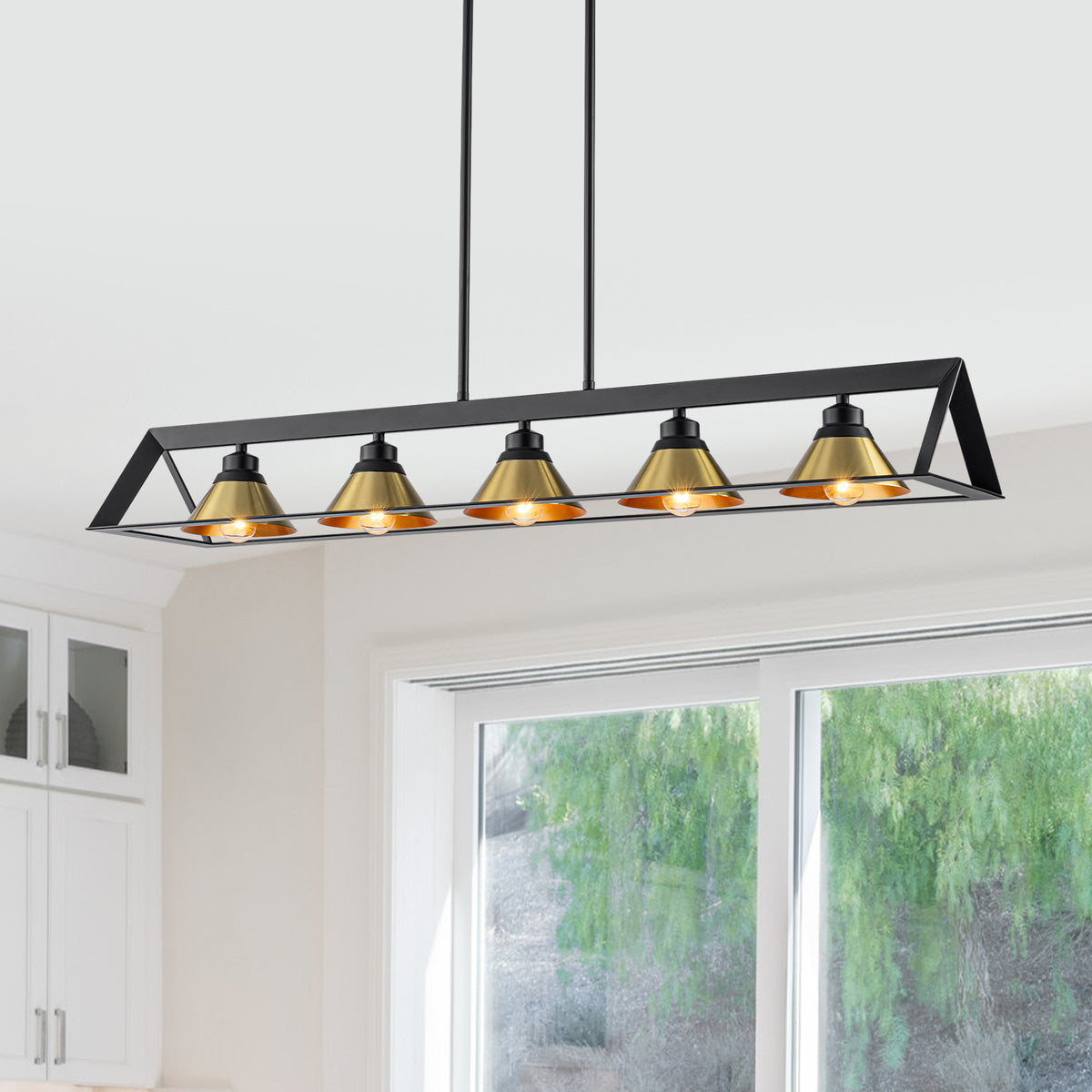 5-Light Matte Black Linear Chandelier Brass Conical Shades Kitchen - product image 1 | Zenvolit